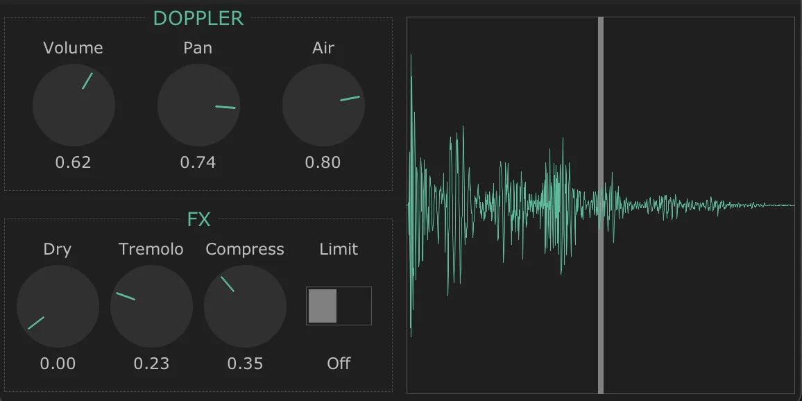 The nvk_DOPPLER plug-in window: Volume, Pan, and Air knobs under Doppler, Dry, Tremolo, Compress, and a Limit switch under FX, beside a waveform display