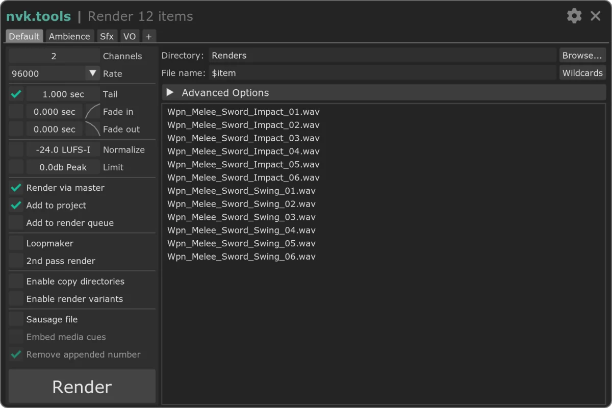 The Render SMART window rendering 12 items: Default, Ambience, Sfx, and VO tabs; channel, rate, tail, fade, normalize, and limit settings; and the file names Wpn_Melee_Sword_Impact_01.wav to Wpn_Melee_Sword_Swing_06.wav