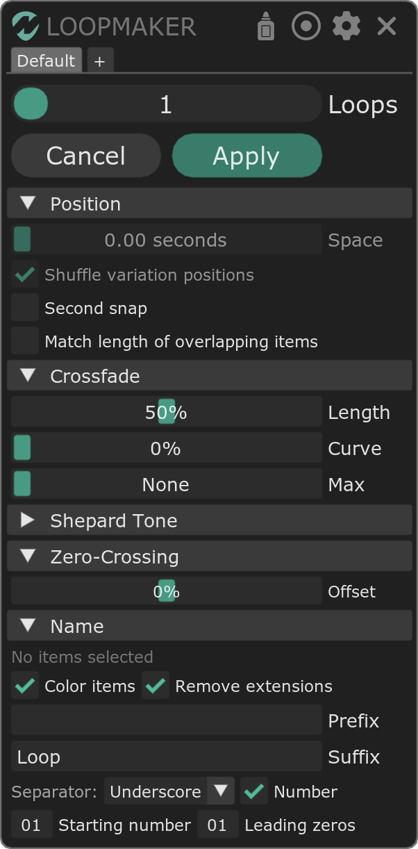 The nvk_LOOPMAKER 2 window with every section open: Loops, Cancel, and Apply at the top, then Position, Crossfade, Shepard Tone, Zero-Crossing, and Name settings