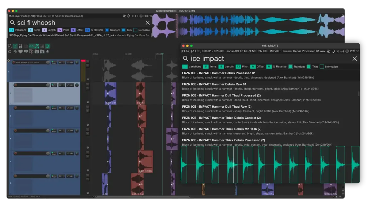 Reaper with layered variations built from the search “sci fi whoosh”, next to the nvk_CREATE window searching “ice impact” with its multi-layer settings and a waveform of the selected file