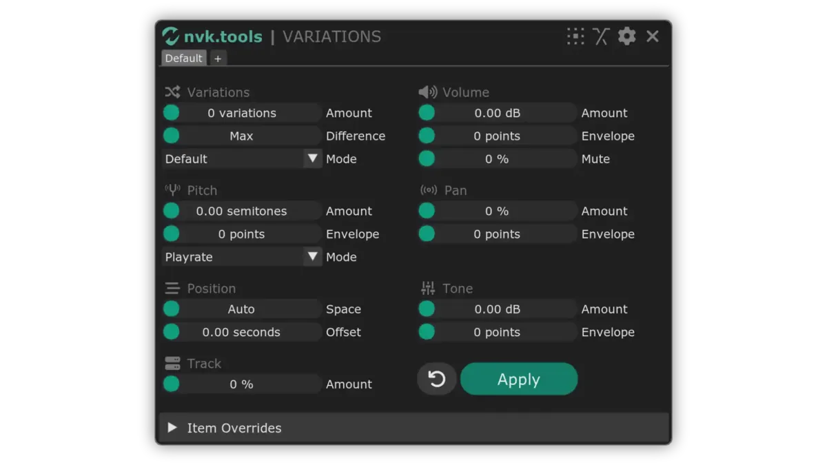 The nvk_VARIATIONS window with Variations, Pitch, Position, Track, Volume, Pan, and Tone settings, the Apply button, and Item Overrides